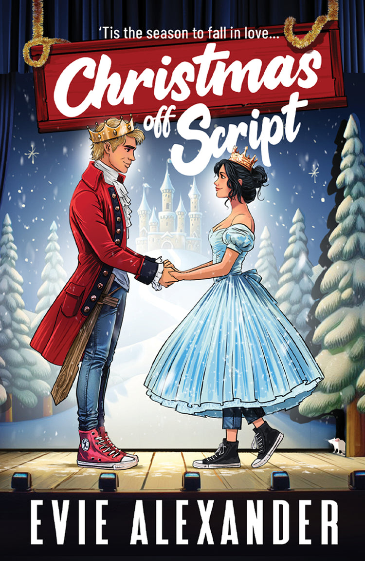Festive pantomime cover for Christmas off Script, showing a couple falling in love on stage.