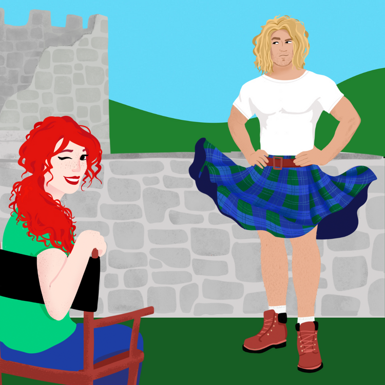 cover for Hollywood Games featuring Zoe in a Director Chair and Rory in his kilt