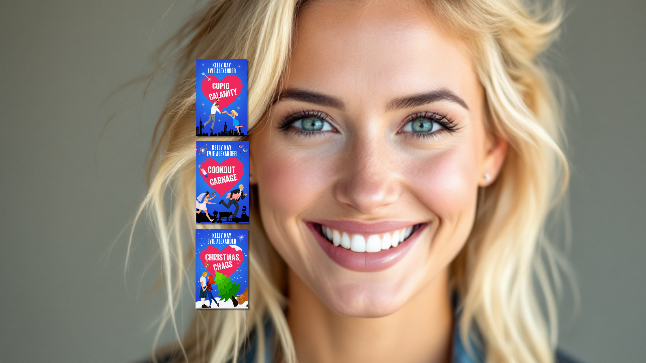 pretty happy blonde female with covers to romcom novellas Holiday Disasters